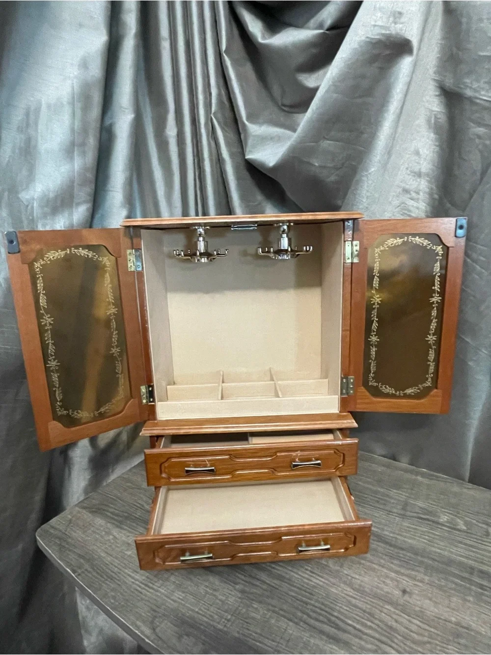Vintage Mele Wood Jewelry Armoire Etched Glass Box